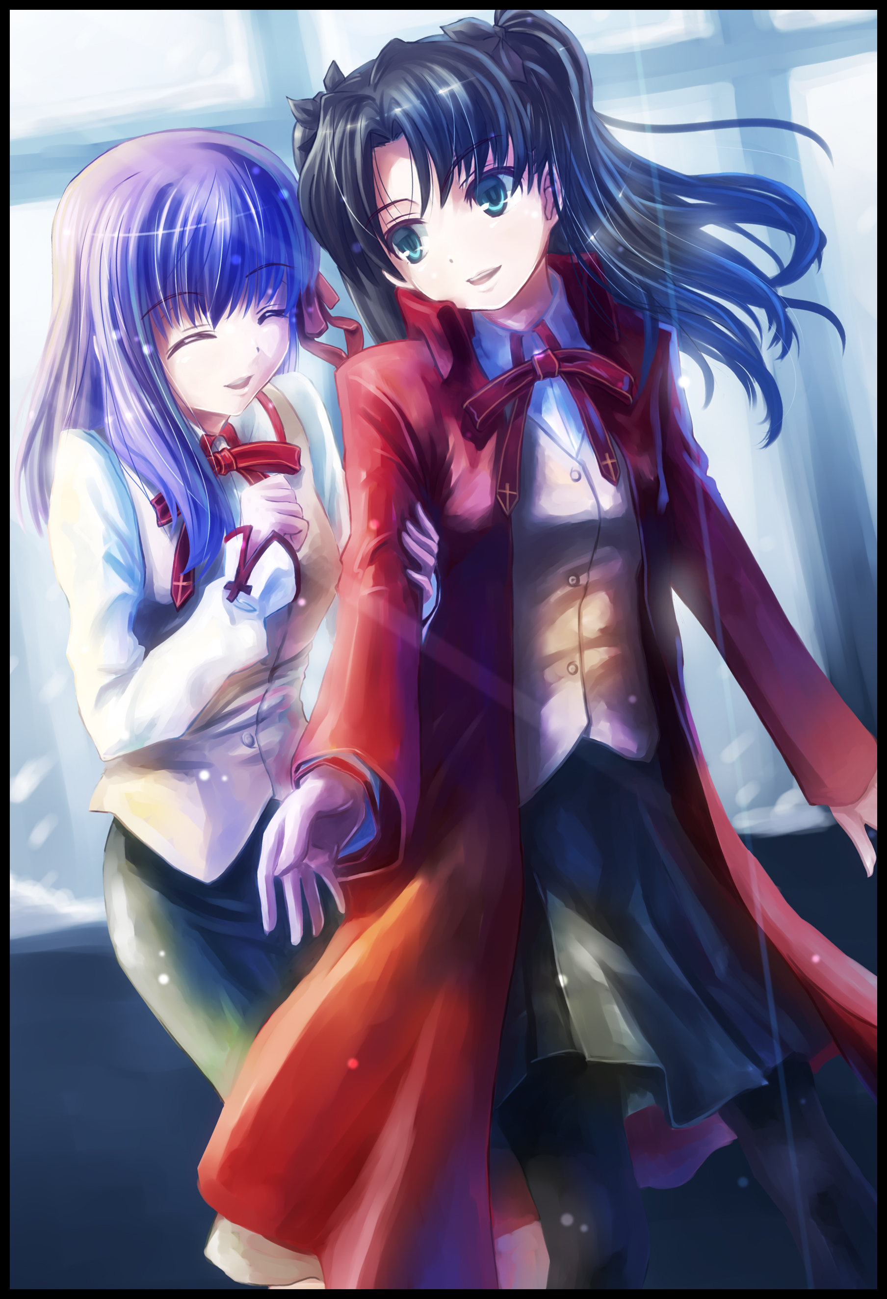 yone, matou sakura, tohsaka rin, fate/stay night, fate (series), absurdres, highres, 00s, 2girls, coat, homurabara academy school uniform, multiple girls, school uniform, smile