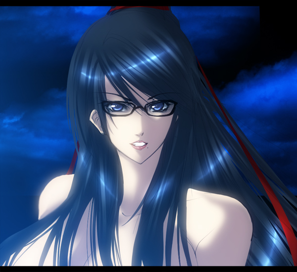 juri (shiningred), jyuri (artist), bayonetta, bayonetta (series), bayonetta 1, bad id, bad pixiv id, 1girl, black hair, blue eyes, female focus, glasses, long hair, mole, mole under mouth, solo, topless female