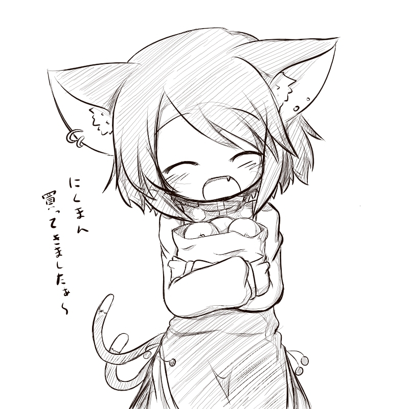 fuugetsu oreha ikiru, chen, touhou, translated, 1girl, animal ears, cat ears, cat girl, closed eyes, fang, female focus, greyscale, monochrome, sketch, smile, solo