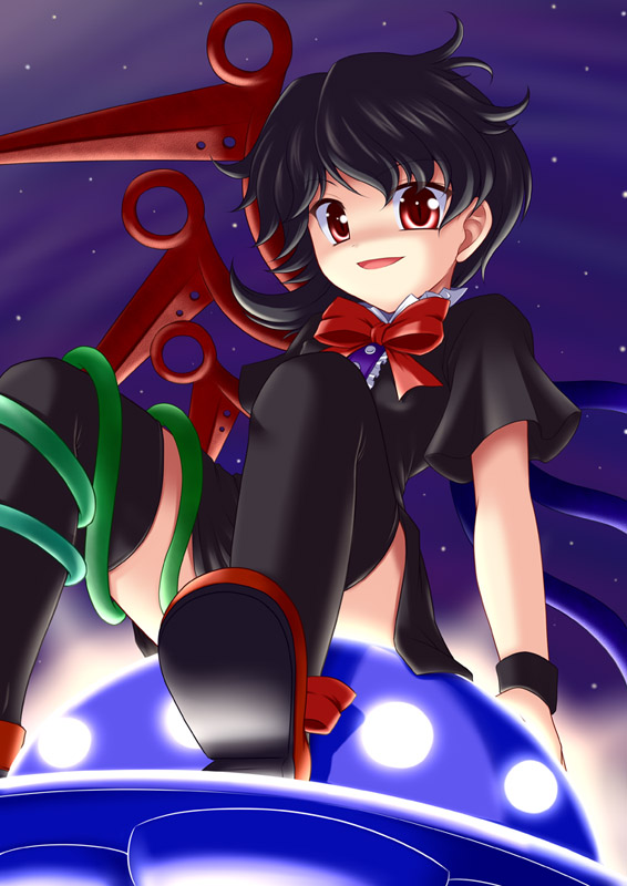 bococho, houjuu nue, touhou, 1girl, black hair, black thighhighs, female focus, outdoors, red eyes, short hair, sitting, sky, snake, solo, thighhighs, ufo, wings, zettai ryouiki