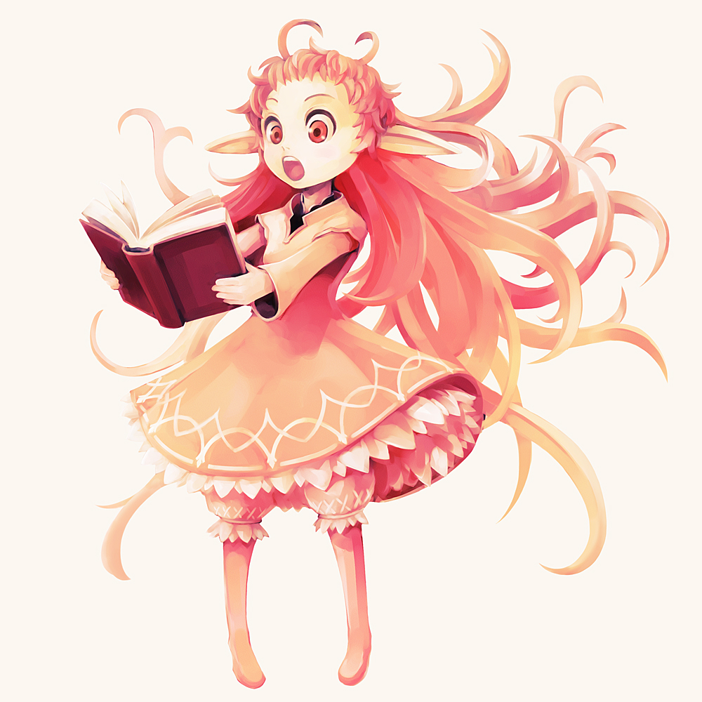 hironox, :o, book, boots, long hair, open mouth, pointy ears, red eyes, red hair, skirt, solo, very long hair