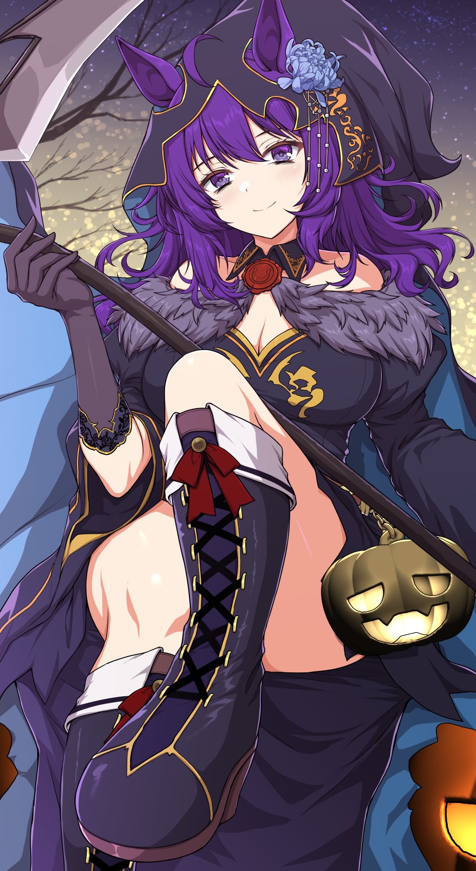 sheita, original, umamusume, commission, highres, vgen commission, 1girl, ahoge, animal ears, bare shoulders, black boots, black cape, black dress, black gloves, blue cape, blue eyes, boots, breasts, cape, cleavage, closed mouth, dress, ears through hood, fur trim, gloves, hair between eyes, holding, holding scythe, hood, horse ears, horse girl, jack-o'-lantern, large breasts, long hair, looking at viewer, purple eyes, scythe, smile, solo, thighs