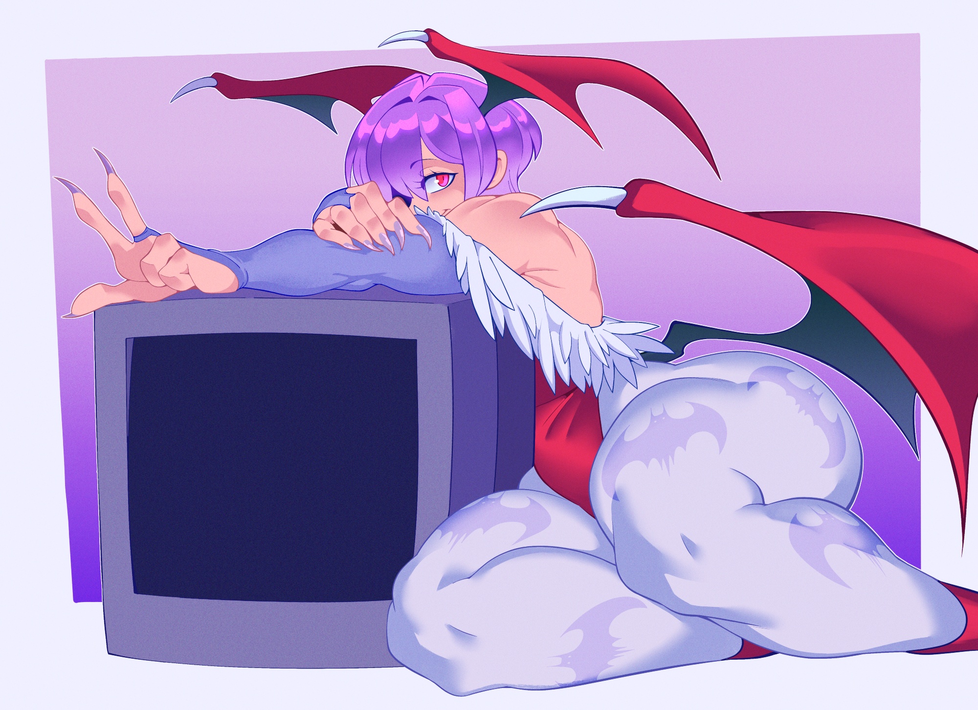 techfuzz, lilith (darkstalkers), darkstalkers, highres, 1girl, closed mouth, covered navel, crt, demon girl, demon wings, eyebrows hidden by hair, fingernails, from side, hair between eyes, hair over one eye, head wings, leaning on object, leotard, long fingernails, looking at viewer, low wings, pantyhose, purple hair, purple pantyhose, red eyes, red leotard, short hair, smile, solo, television, thick thighs, thighs, wide hips, wings