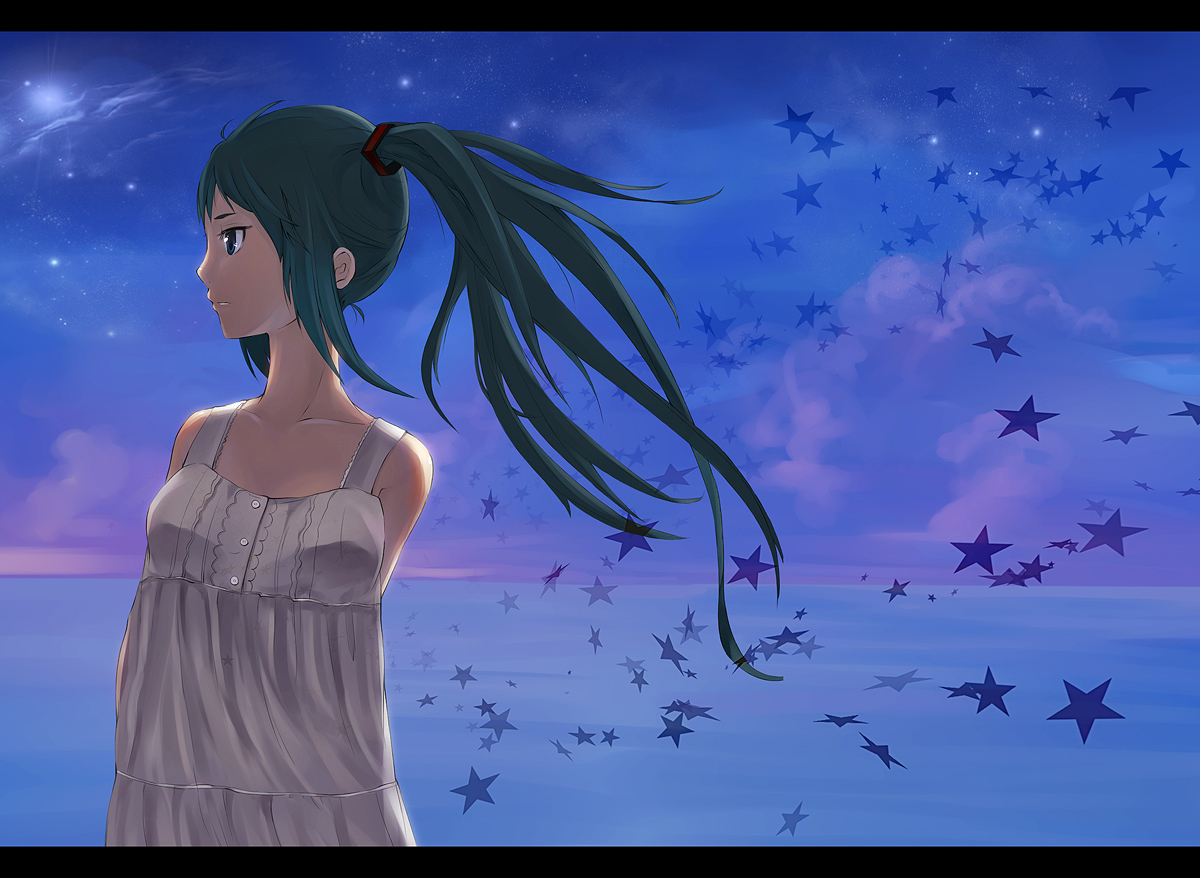 mitsunari, hatsune miku, vocaloid, 1girl, aqua hair, arms behind back, blue eyes, dress, female focus, letterboxed, long hair, night, ocean, profile, sky, solo, star (symbol), twintails, wind