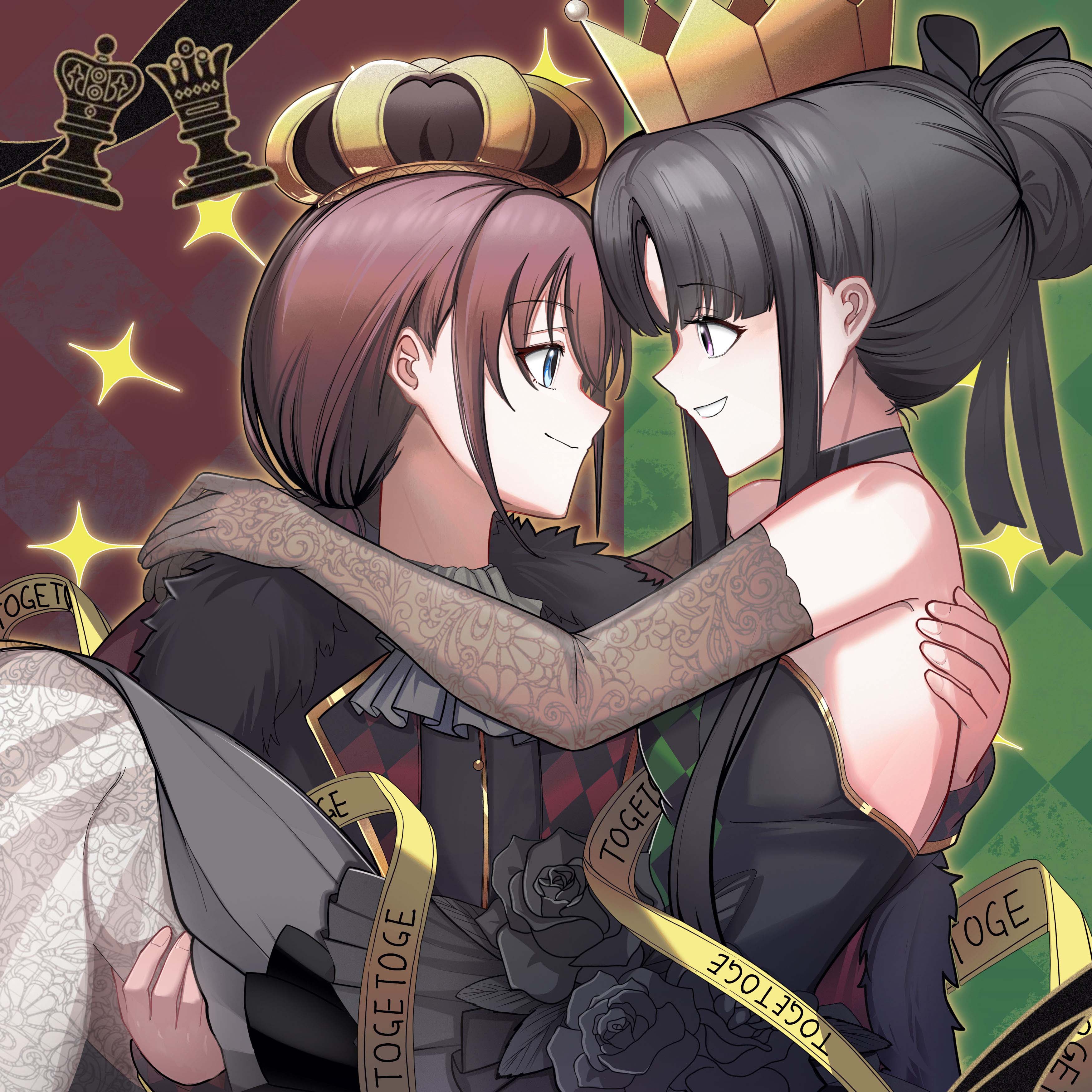 awa subaru, iseri nina, girls band cry, absurdres, artist request, commentary request, commission, highres, second-party source, 2girls, arms around neck, bare shoulders, black choker, black dress, black flower, black gloves, black hair, black rose, blue eyes, carrying, choker, crown, dress, elbow gloves, eye contact, flower, gloves, hair bun, hair up, looking at another, multiple girls, parted lips, princess carry, purple eyes, red hair, rose, short twintails, smile, twintails, yuri