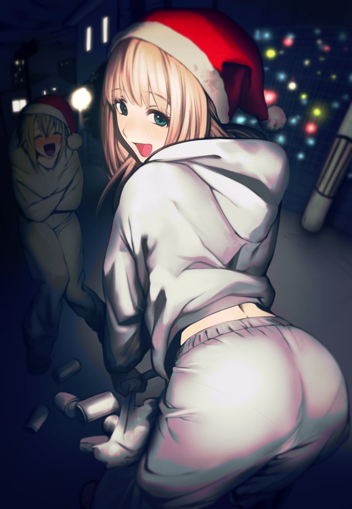 nagashii kouhei, suoh nene, scary campus college university, commentary request, 2girls, arms around waist, ass, bag, blonde hair, blue eyes, brown hair, can, chiarashi mahina, christmas, christmas lights, green eyes, hat, holding, holding bag, house, lamppost, laughing, multiple girls, night, open mouth, pants, pantylines, plastic bag, santa hat, smile, sweater, white pants