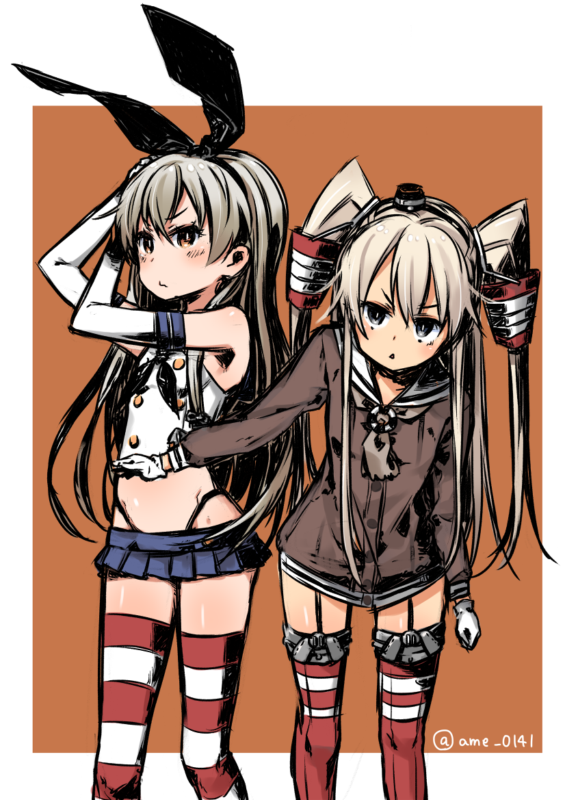 amana (pocketkey), amatsukaze (kancolle), shimakaze (kancolle), kantai collection, commentary request, 2girls, black neckerchief, black panties, blue skirt, breasts, brown dress, closed mouth, dress, elbow gloves, garter straps, gloves, grey hair, grey neckerchief, hair tubes, highleg, highleg panties, long hair, long sleeves, looking at viewer, microskirt, midriff, multiple girls, neckerchief, panties, sailor collar, sailor dress, short dress, sidelocks, simple background, skirt, sleeveless, small breasts, striped clothes, striped thighhighs, thighhighs, twitter username, two side up, underwear, white gloves