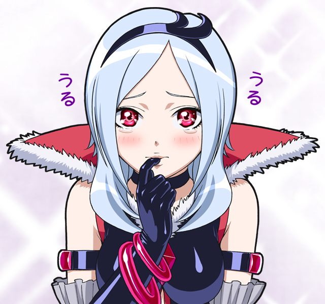 ichikawa masahiro, eas (fresh precure!), higashi setsuna, fresh precure!, precure, black neckwear, silver hair, 00s, 1girl, blush, bracelet, dress, eyelashes, female focus, gloves, jewelry, latex, latex dress, latex gloves, red eyes, solo, tears