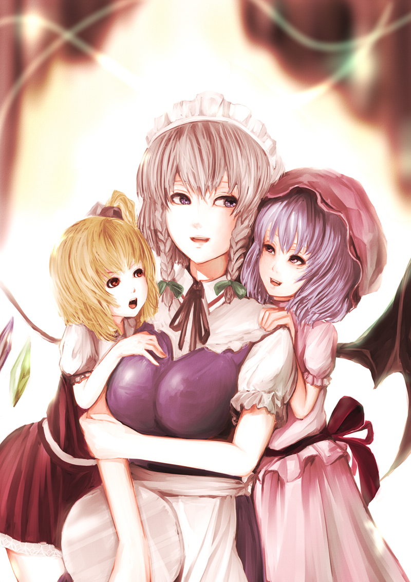 matsukaze881, flandre scarlet, izayoi sakuya, remilia scarlet, touhou, bad id, bad pixiv id, 3girls, apron, braid, breasts, demon wings, dress, female focus, hair ribbon, hat, large breasts, maid, maid apron, maid headdress, multiple girls, ribbon, tray, twin braids, wings