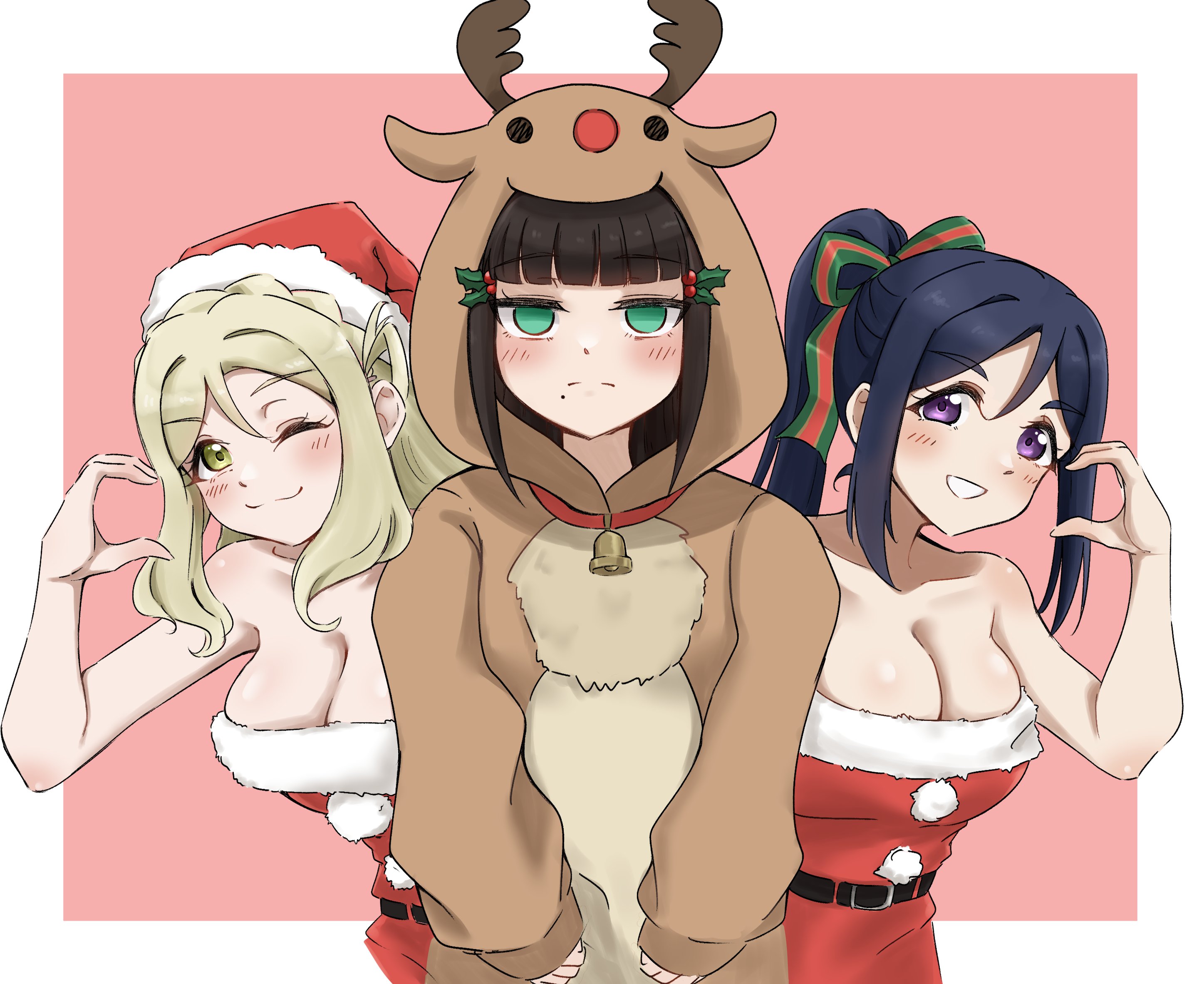 gonnu, kurosawa dia, matsuura kanan, ohara mari, love live!, love live! sunshine!!, commentary request, highres, 3girls, alternate costume, belt, black belt, blonde hair, blue hair, blush, breasts, brown eyes, brown hair, christmas, dress, empty eyes, feet out of frame, green eyes, hat, large breasts, long hair, looking at viewer, multiple girls, one eye closed, pink background, santa costume, santa dress, santa hat, simple background, standing, yellow eyes