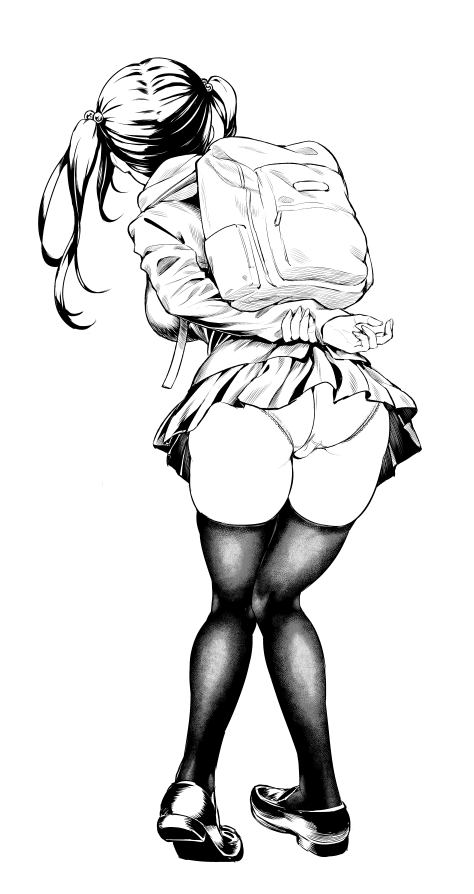 shioyaabu, original, 1girl, arms behind back, ass, backpack, bag, breasts, from behind, full body, greyscale, heel up, large breasts, loafers, long hair, long sleeves, monochrome, panties, pantyshot, pleated skirt, school uniform, shoes, simple background, skirt, solo, standing, thighhighs, twintails, underwear, white background