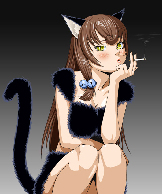 ichikawa masahiro, 1girl, animal ears, bell, blush, brown hair, cat ears, cat tail, cigarette, female focus, hair ornament, lips, long hair, slit pupils, solo, tail, yellow eyes
