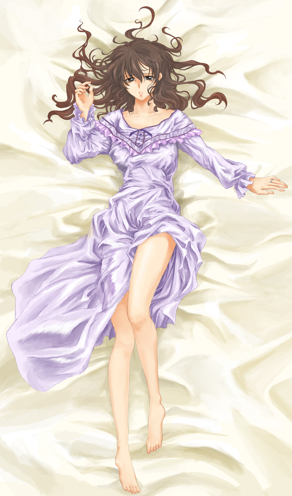 matokichi, ushiromiya natsuhi, umineko no naku koro ni, highres, 00s, 1girl, barefoot, bed, breasts, brown eyes, brown hair, covered erect nipples, feet, female focus, jewelry, large breasts, legs, long hair, nightgown, ring, solo