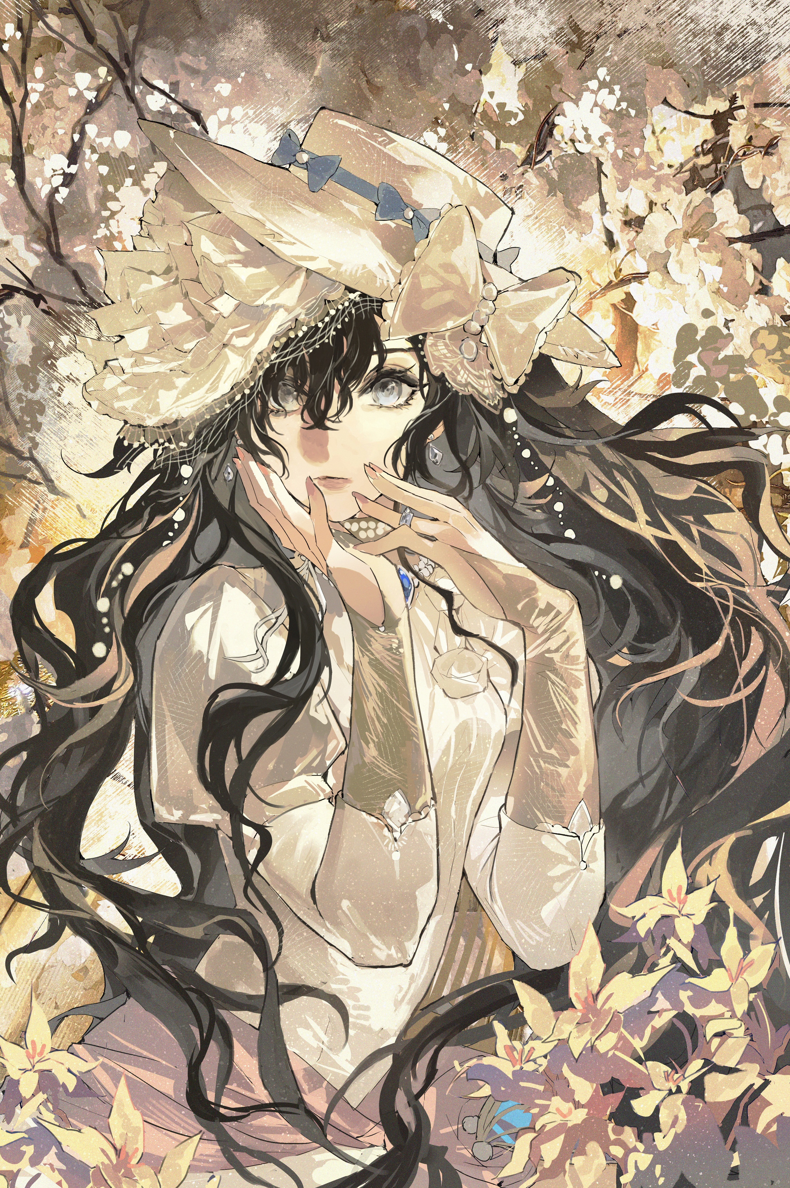 dabaijiang memeda, isolde (reverse:1999), reverse:1999, absurdres, chinese commentary, commentary request, highres, 1girl, bow, branch, dress, flower, gloves, gown, hat, hat bow, head out of frame, juliet sleeves, long sleeves, looking at viewer, puffy sleeves, purple eyes, solo, too many flowers, upper body, white dress, white flower, white hat, yellow fur, yellow gloves