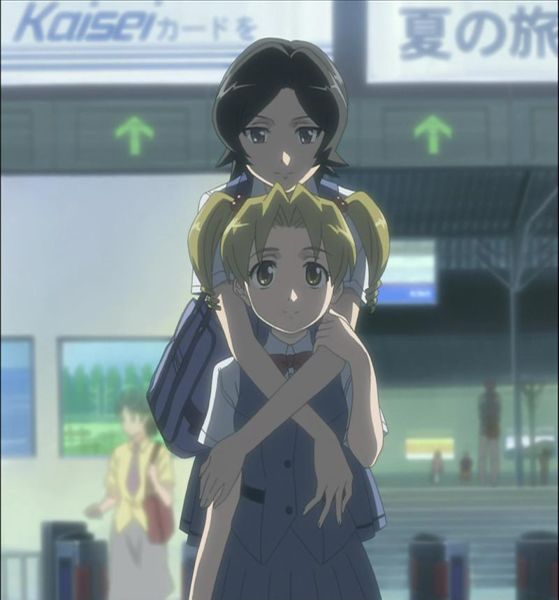 hachisuka tomoe, taema miyako, sasameki koto, arm grab, anime screenshot, 00s, 2girls, arm at side, bag, black eyes, black hair, blonde hair, bow, bowtie, brown eyes, closed mouth, couple, eyebrows hidden by hair, hair bobbles, hair ornament, height difference, hug, hug from behind, looking at viewer, multiple girls, parted bangs, red bow, red bowtie, school uniform, serafuku, short hair, short sleeves, smile, standing, twintails, yuri