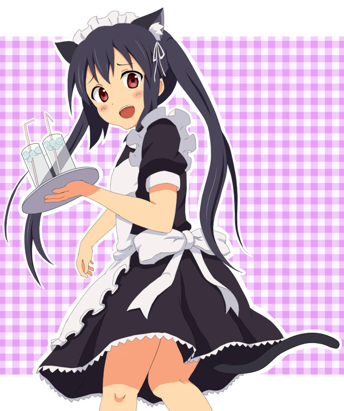 goro (reiremi), nakano azusa, k-on!, bad id, bad pixiv id, 00s, 1girl, alternate costume, animal ears, black hair, blush, cat ears, cat girl, cat tail, enmaided, female focus, maid, red eyes, solo, tail, twintails