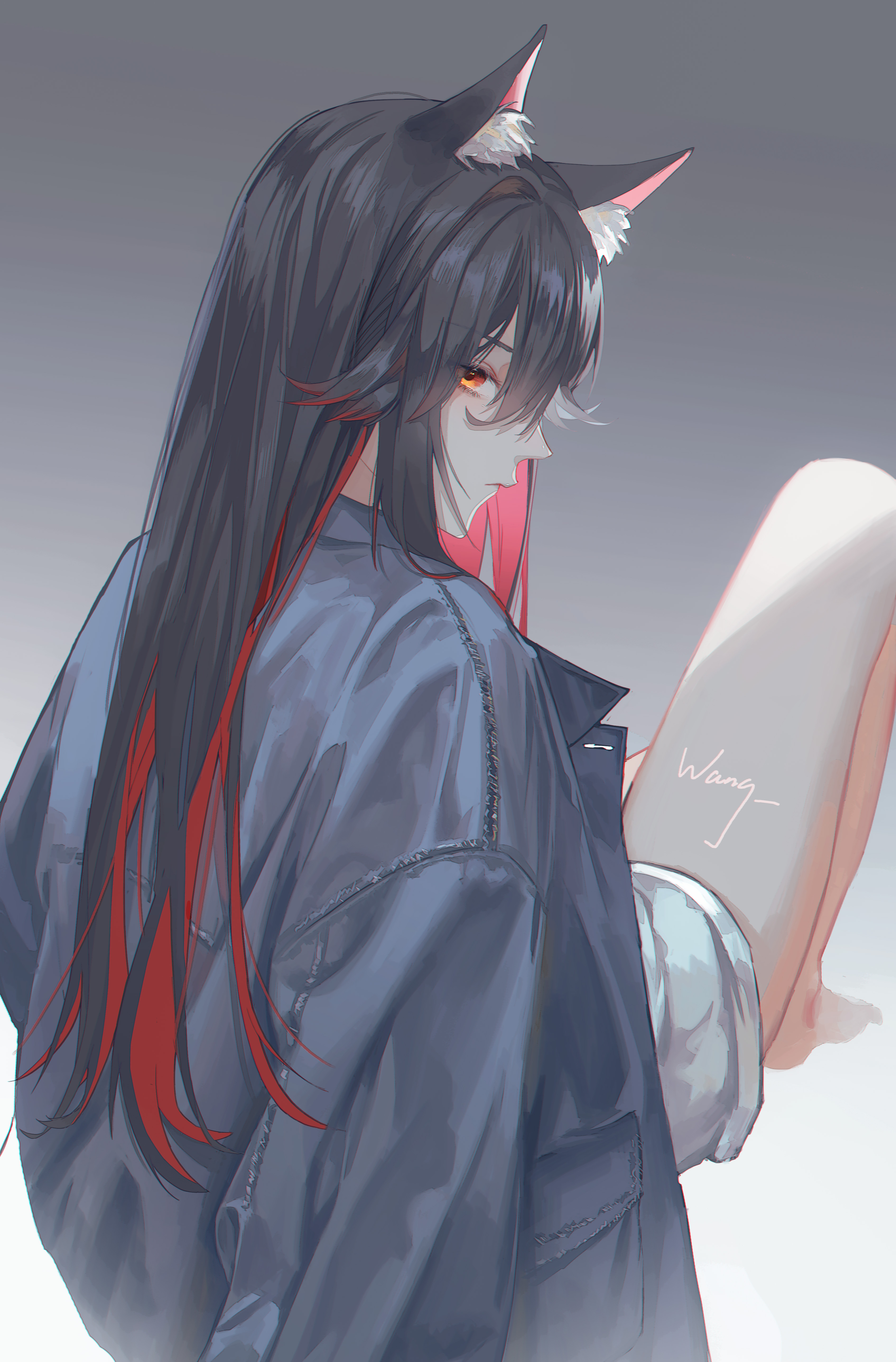 at wang, texas (arknights), arknights, absurdres, commentary request, highres, 1girl, animal ear fluff, animal ears, barefoot, black hair, black jacket, character name, closed mouth, colored inner hair, full body, gradient background, grey background, hair between eyes, jacket, jacket on shoulders, knees up, long hair, long sleeves, looking at viewer, looking back, multicolored hair, orange eyes, profile, red hair, shorts, sideways glance, sitting, solo, white shorts, wolf ears, wolf girl