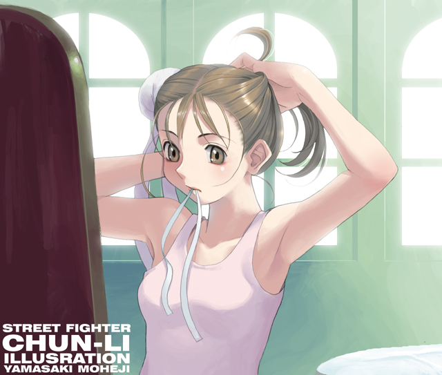 chun-li, capcom, street fighter, brown eyes, brown hair, hair bun, mouth hold, single hair bun