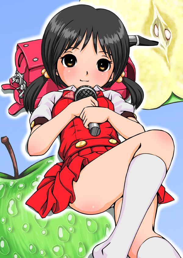 pochimaru, kaai yuki, vocaloid, 1girl, apple, backpack, bag, black hair, brown eyes, female focus, food, fruit, loli, lying, microphone, panties, pantyshot, randoseru, school uniform, sexually suggestive, short hair, skirt, smile, socks, solo, twintails, underwear, upskirt