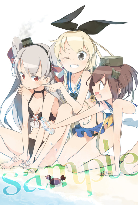 amana (pocketkey), amatsukaze (kancolle), shimakaze (kancolle), yukikaze (kancolle), kantai collection, commentary request, 3girls, barefoot, bikini, bikini skirt, black bikini, black eyes, blonde hair, blue sailor collar, bottle, breasts, brown eyes, brown hair, closed mouth, crab, fang, grey hair, grin, hair tubes, headgear, highleg, highleg bikini, holding, holding bottle, kneeling, long hair, multiple girls, one-piece swimsuit, one eye closed, open mouth, pointing, pointing at another, ramune, red eyes, sailor bikini, sailor collar, sample watermark, short hair, simple background, sitting, small breasts, smile, smoke, smokestack hair ornament, swimsuit, two side up, water, watermark, white one-piece swimsuit