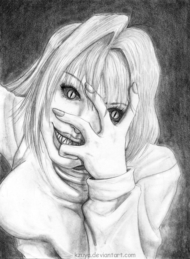 arcueid brunestud, red arcueid, melty blood, tsukihime, traditional media, 00s, greyscale, hand on own face, monochrome, solo, sweater, teeth