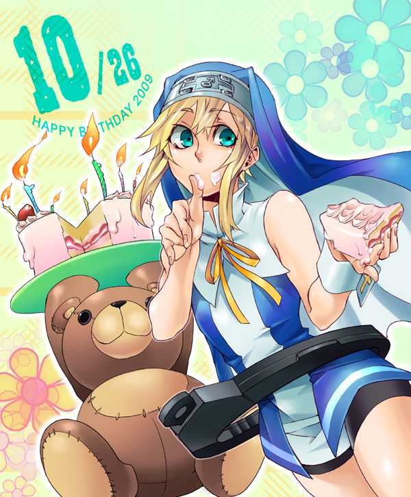 dj kaka, bridget (guilty gear), arc system works, guilty gear, guilty gear xx, habit, bad id, bad pixiv id, 1boy, bike shorts, birthday, blonde hair, cake, candle, child, crossdressing, crossdressing (mtf), flower, food, icing, male focus, nun, pastry, pinky out, solo, stuffed animal, stuffed toy, teddy bear, trap