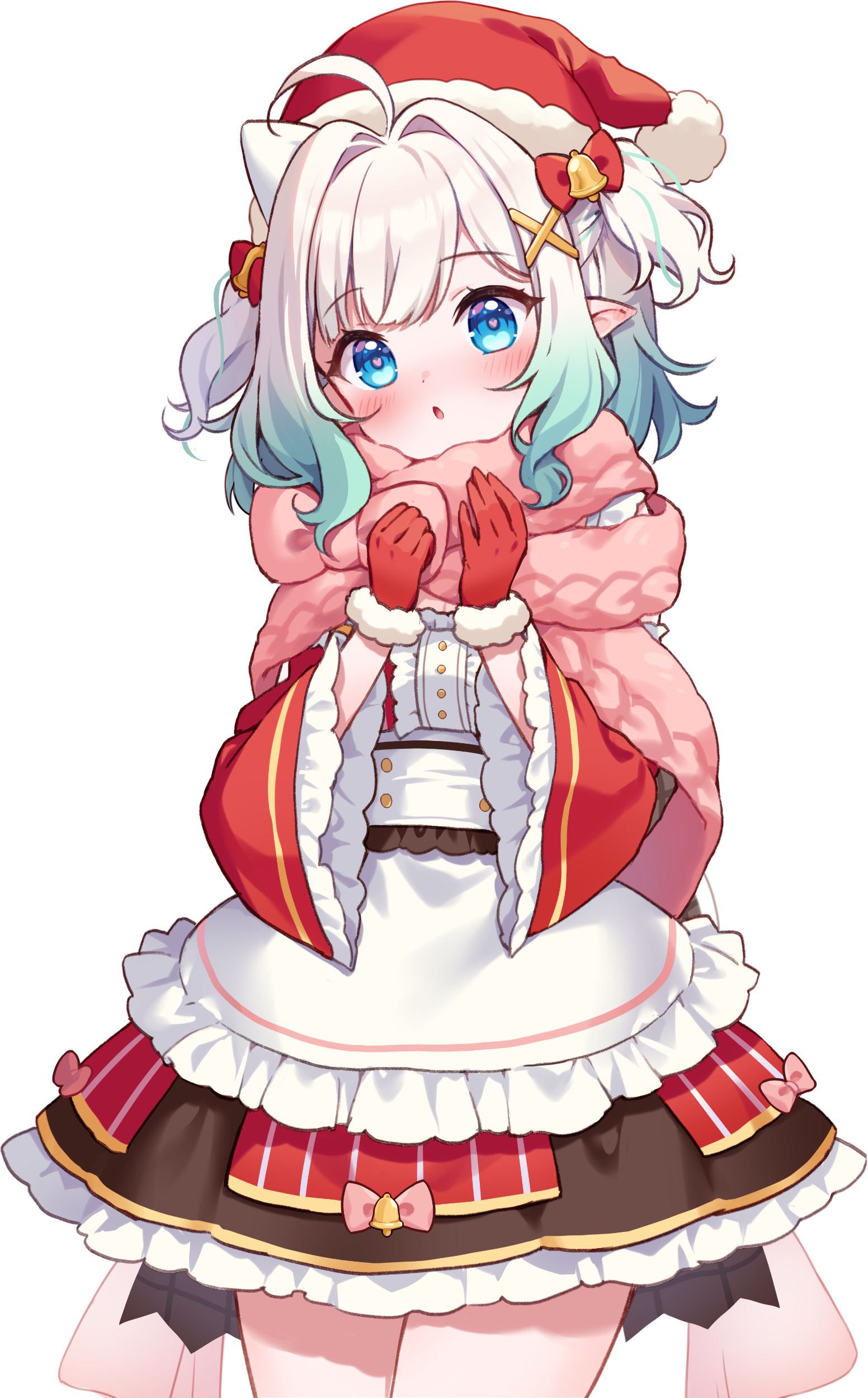 moorina, mint fantome, densetsu.exe, absurdres, commentary, english commentary, highres, 1girl, ahoge, apron, blush, dress, frilled apron, frilled sleeves, frills, fur-trimmed gloves, fur-trimmed headwear, fur trim, gloves, gradient hair, green hair, grey hair, hair intakes, hair ornament, hairclip, hands up, hat, long sleeves, looking at viewer, multicolored hair, parted lips, pink scarf, red dress, red gloves, santa hat, scarf, simple background, solo, two side up, virtual youtuber, waist apron, white apron, white background, wide sleeves, x hair ornament
