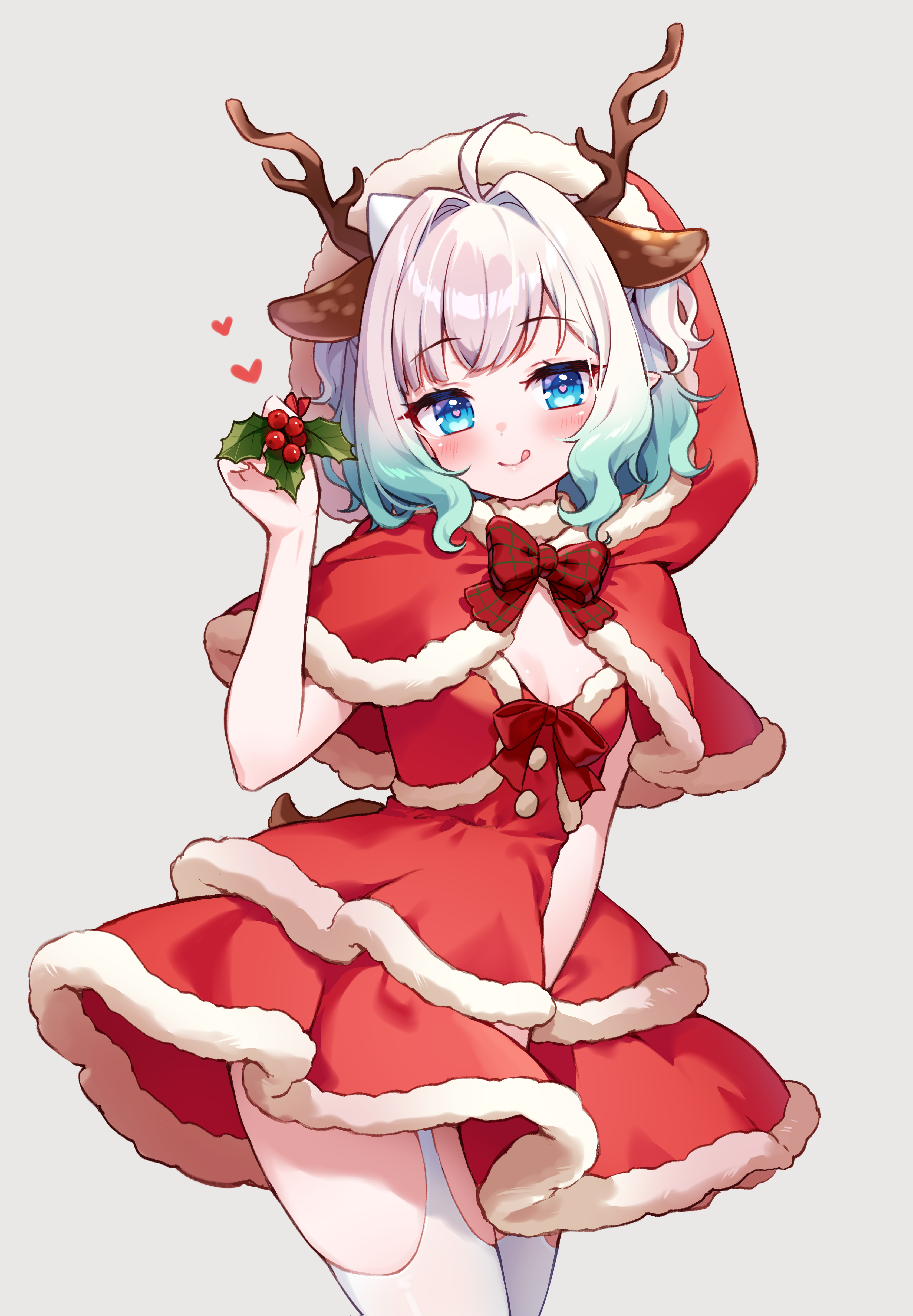 moorina, mint fantome, densetsu.exe, absurdres, commentary, english commentary, highres, 1girl, :q, ahoge, animal ears, antlers, blue eyes, bow, breasts, cleavage, cleavage cutout, clothing cutout, deer ears, dress, gradient hair, green hair, heart, holding holly, holly, horns, looking at viewer, multicolored hair, pointy ears, red dress, reindeer antlers, short hair, small breasts, thick thighs, thighhighs, thighs, tongue, tongue out, triangular headpiece, virtual youtuber, white hair
