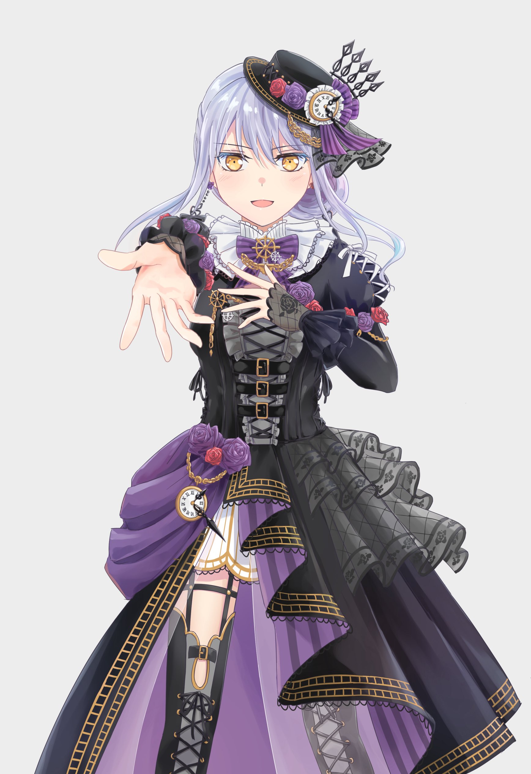shih lion, minato yukina, bang dream!, absurdres, commentary request, highres, 1girl, black bow, black dress, blush, bow, clock, dress, earrings, feet out of frame, flower, grey hair, hat, jewelry, looking at viewer, open mouth, simple background, solo, standing, yellow eyes
