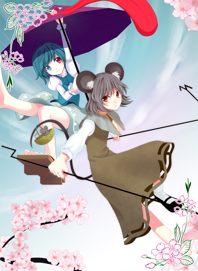chulain, kamata yuuya, nazrin, tatara kogasa, touhou, bad id, bad pixiv id, 2girls, animal ears, basket, blue eyes, blue hair, female focus, geta, grey hair, heterochromia, jewelry, karakasa obake, long hair, mouse (animal), mouse ears, mouse tail, multiple girls, pendant, red eyes, sandals, short hair, tail, tongue, umbrella