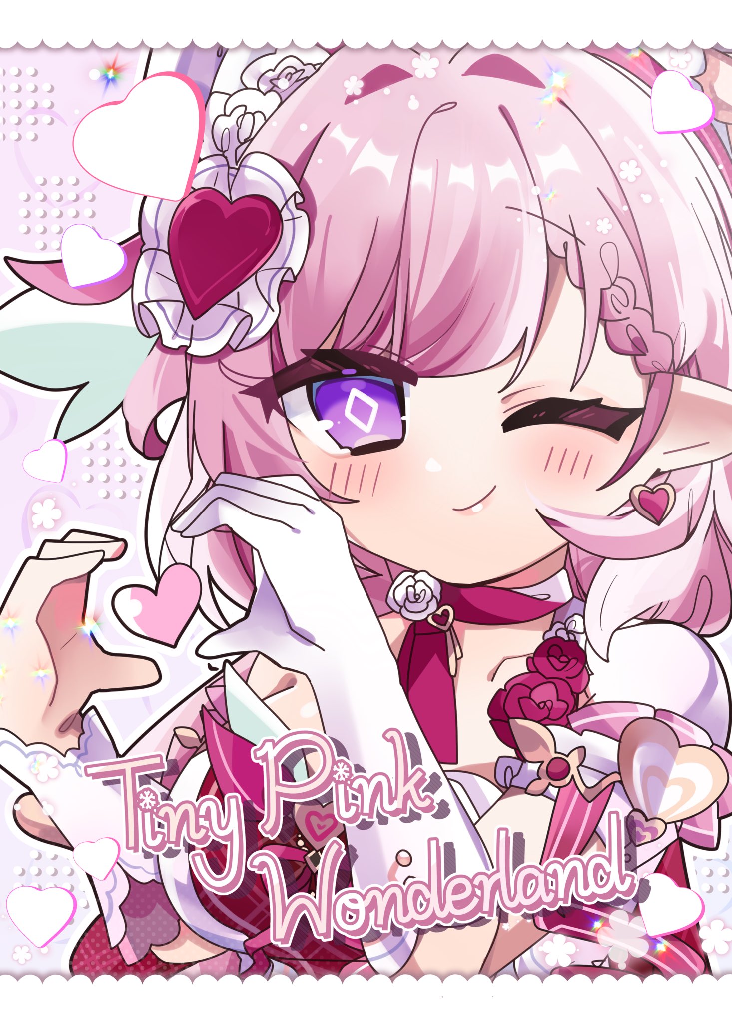 iran stn, elysia (hi love elf) (honkai impact), elysia (honkai impact), honkai (series), honkai impact 3rd, commentary, commentary request, english commentary, highres, merchandise available, mixed-language commentary, 1girl, ;), breasts, diamond-shaped pupils, diamond (shape), dress, earrings, elf, english text, gloves, heart, heart earrings, heart hands, jewelry, large breasts, long hair, looking at viewer, multicolored hair, one eye closed, pink hair, pointy ears, purple eyes, red dress, single glove, smile, solo, symbol-shaped pupils, two-tone hair, upper body, very long hair, white gloves, white hair