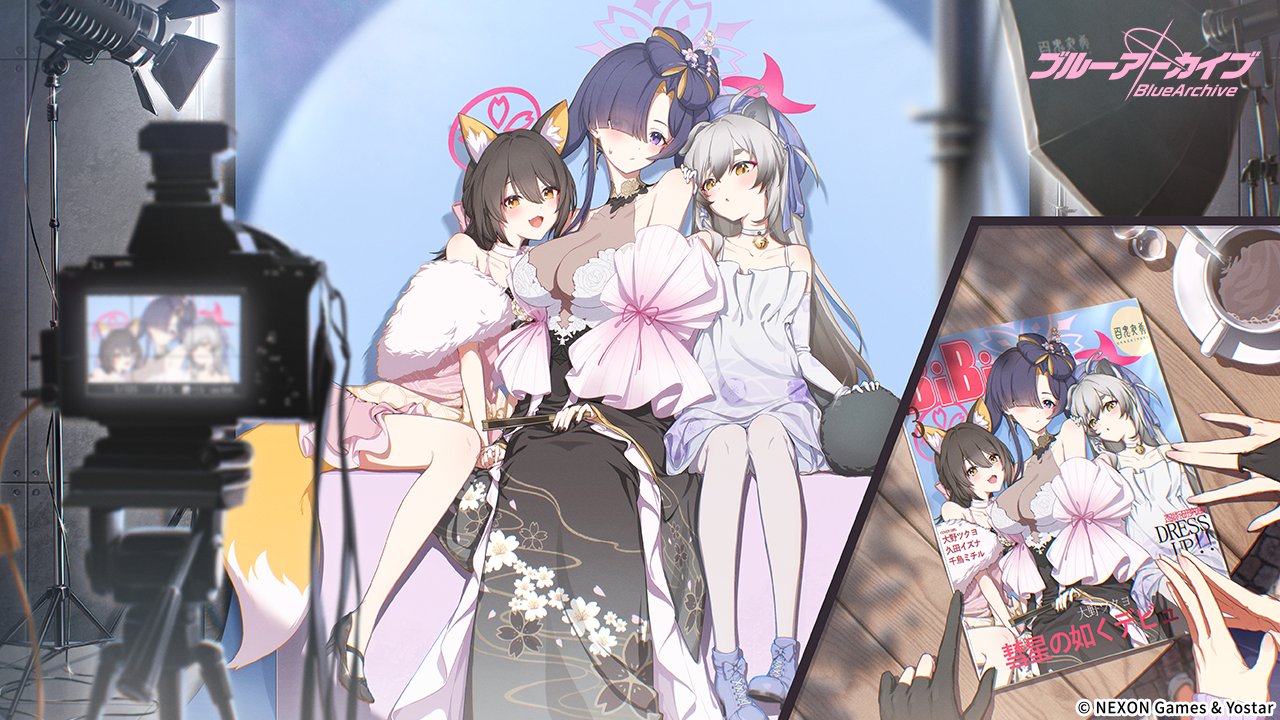 yo na, izuna (dress) (blue archive), michiru (dress) (blue archive), tsukuyo (dress) (blue archive), blue archive, twitter, 3girls, animal ears, blonde hair, book, brown hair, camera, cup, dress, english text, fingerless gloves, fox ears, gloves, grey hair, height difference, high heels, japanese text, multicolored hair, multiple girls, pink dress, purple hair, sitting, two-tone hair, white dress