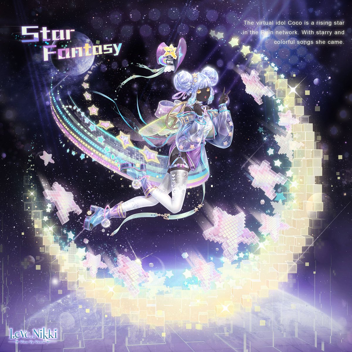 star fantasy (miracle nikki), miracle nikki, nikki (series), artist request, commentary, english commentary, highres, official art, third-party source, 1girl, aqua belt, backpack, bag, bare shoulders, belt, belt buckle, black skin, blue belt, blue boots, blue hair, blue jacket, blunt bangs, boots, buckle, character name, choker, colored skin, copyright logo, crescent, double bun, earth (planet), english text, floating, frilled choker, frills, full body, gold buckle, hair bun, hair ornament, happy, hat, hat belt, hat loss, hat ornament, heart, heart print, high heel boots, high heels, jacket, light particles, logo, long sleeves, looking at viewer, miniskirt, moon, multiple belts, open belt, open clothes, open jacket, open mouth, pencil skirt, pixels, planet, print sleeves, print thighhighs, puffy long sleeves, puffy sleeves, pumps, purple belt, purple choker, purple hat, purple skirt, rainbow, see-through clothes, see-through jacket, see-through thighhighs, shirt, short hair, side slit, sidelocks, skirt, sleeve belt, sleeveless, sleeveless shirt, smile, solo, space, stage lights, star (symbol), star hair ornament, star hat ornament, star print, teeth, thigh belt, thigh strap, thighhighs, top hat, upper teeth only, v, white shirt, white thighhighs, winged bag, winged hat, yellow bag, yellow eyes