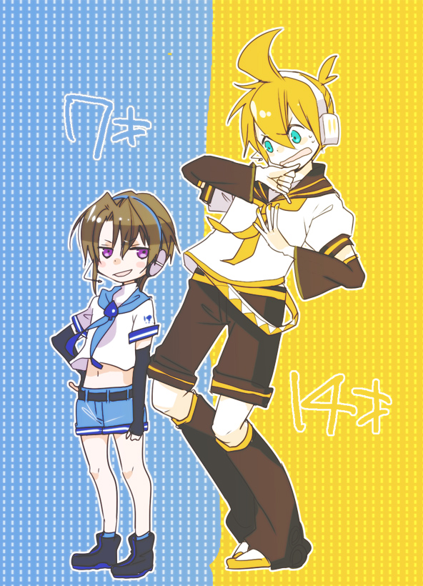 kagamine len, tsukuyomi shouta, vocaloid, voiceroid, ahoge, blonde hair, brown hair, child, headphones, purple eyes, sailor, shorts, smile, surprised