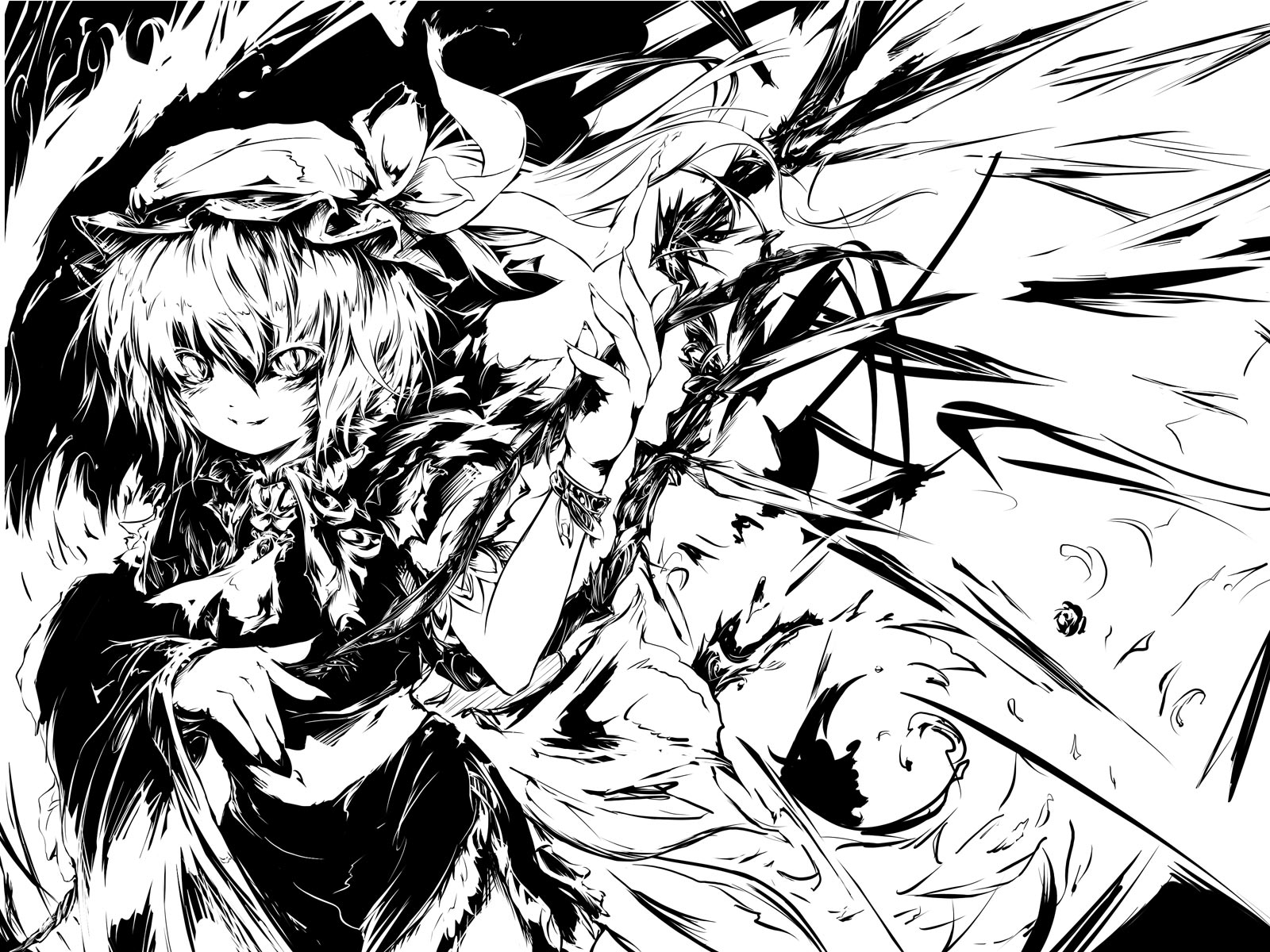 nine (pixiv), nine (suifla), flandre scarlet, embodiment of scarlet devil, touhou, highres, 1girl, female focus, fingernails, greyscale, hair between eyes, hat, high contrast, mob cap, monochrome, sharp fingernails, solo, wings