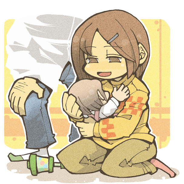 hounori, original, baby, brown eyes, brown hair, family, hair ornament, hairclip, no nose, rattle