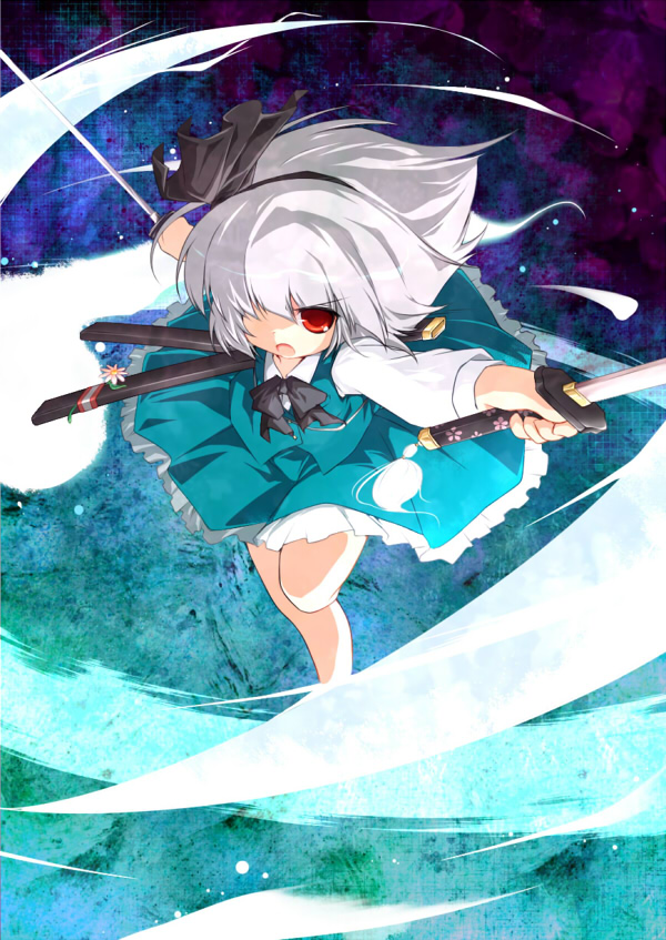 nisu, konpaku youmu, konpaku youmu (ghost), touhou, silver hair, 1girl, dual wielding, female focus, hair over one eye, hitodama, holding, katana, red eyes, solo, sword, tanto, weapon