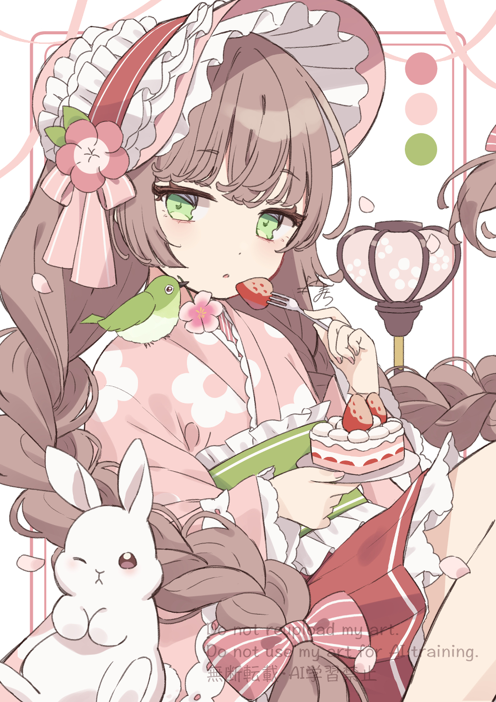 kamachi (kamati0maru), original, commentary request, highres, 1girl, animal, animal on shoulder, bird, bird on shoulder, bonnet, bow, braid, brown hair, cake, eating, falling petals, flower, food, fork, green bird, green eyes, green robe, hair bow, holding, holding fork, holding plate, japanese clothes, kimono, long hair, long sleeves, looking at viewer, parted lips, petals, pink bow, pink flower, pink kimono, pink petals, plate, pleated skirt, red skirt, robe, sitting, skirt, solo, strawberry cake, twin braids, twintails, very long hair, watermark, white rabbit (animal)