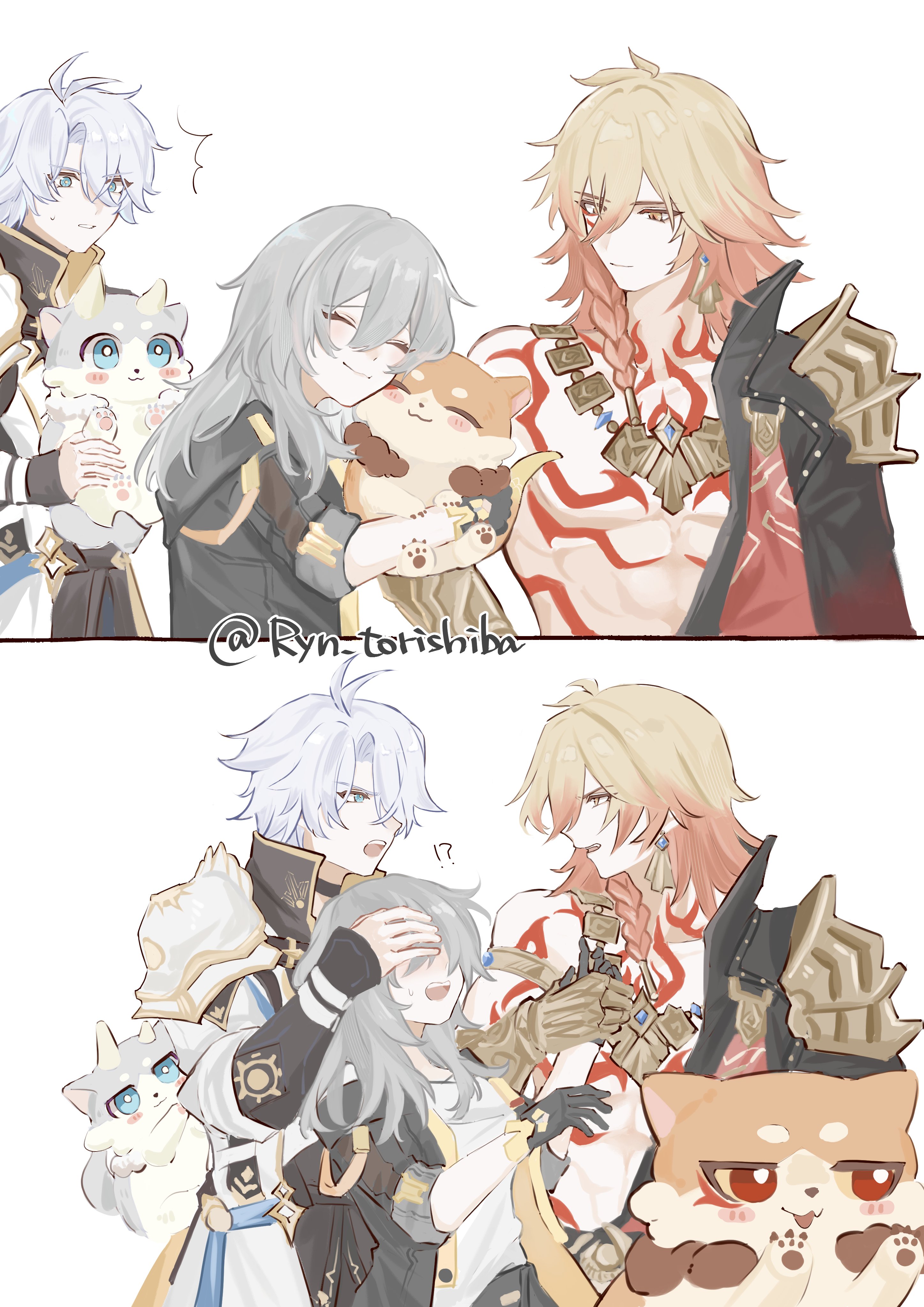 chimera (honkai: star rail), mydei (honkai: star rail), phainon (honkai: star rail), stelle (honkai: star rail), trailblazer (honkai: star rail), honkai: star rail, honkai (series), absurdres, commentary request, highres, !?, 1girl, 2boys, black choker, black coat, black gloves, blonde hair, blue eyes, blue hair, choker, coat, cuddling, earrings, gloves, gradient hair, grey hair, hand over another's eyes, jewelry, looking at another, multicolored hair, multiple boys, orange eyes, orange hair, red tattoo, ryn torishiba, sleeves rolled up, tattoo, watermark, white background