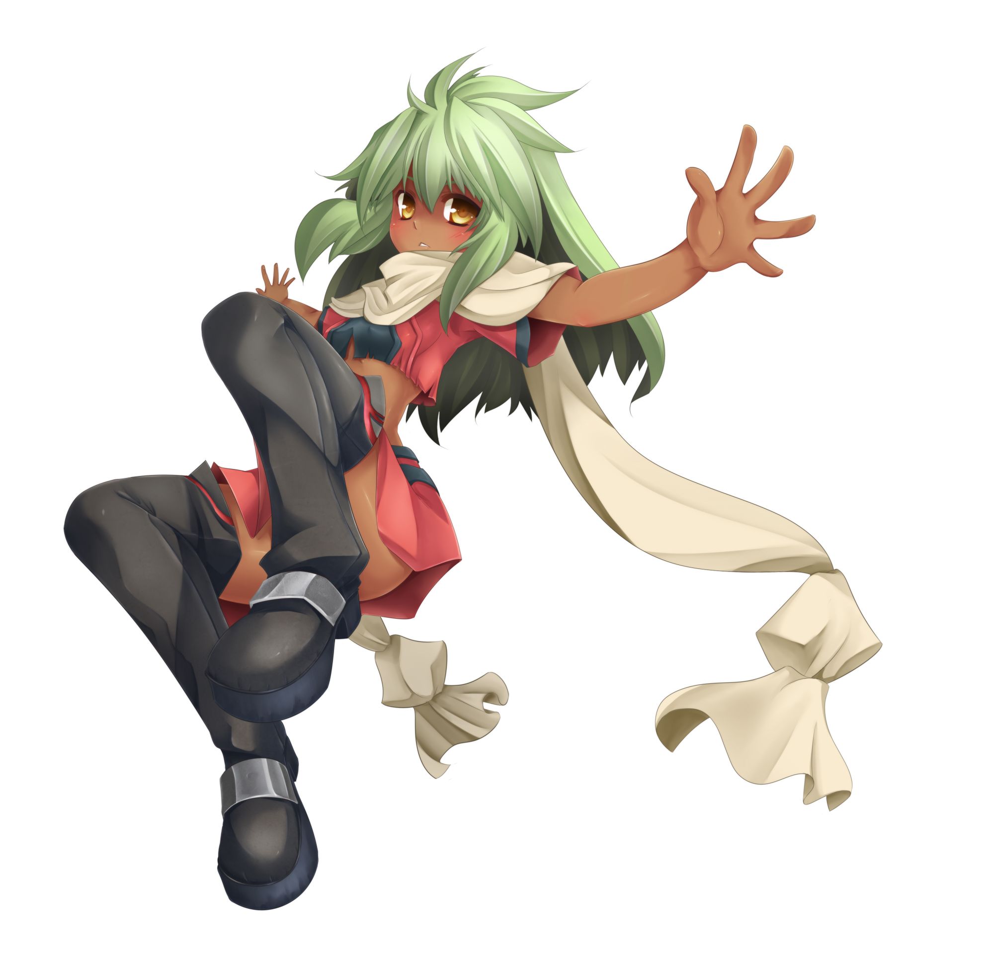 rokushou kokuu, emerada (xenogears), xenogears, highres, blush, dark-skinned female, dark skin, green hair, long hair, midriff, scarf, solo, thighhighs, torn clothes, yellow eyes