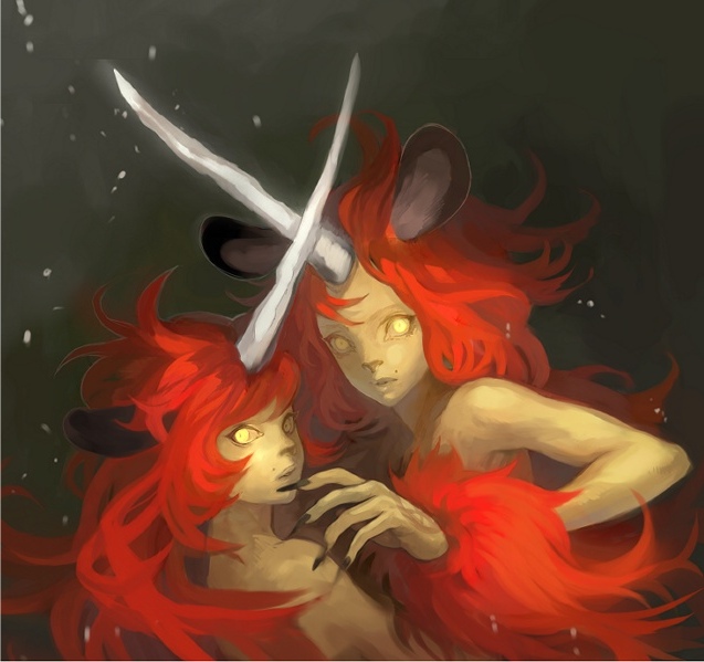 kima, 2girls, animal ears, horns, long hair, mole, monster girl, multiple girls, nude, red hair, yellow eyes