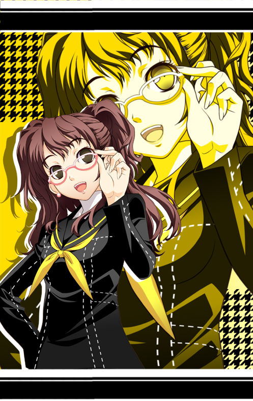 nyoro (nyoronyoro000), kujikawa rise, atlus, persona, persona 4, bad id, bad pixiv id, 1girl, :d, adjusting eyewear, brown eyes, brown hair, earrings, female focus, glasses, jewelry, open mouth, pink-framed eyewear, red hair, school uniform, serafuku, smile, solo, twintails, zoom layer