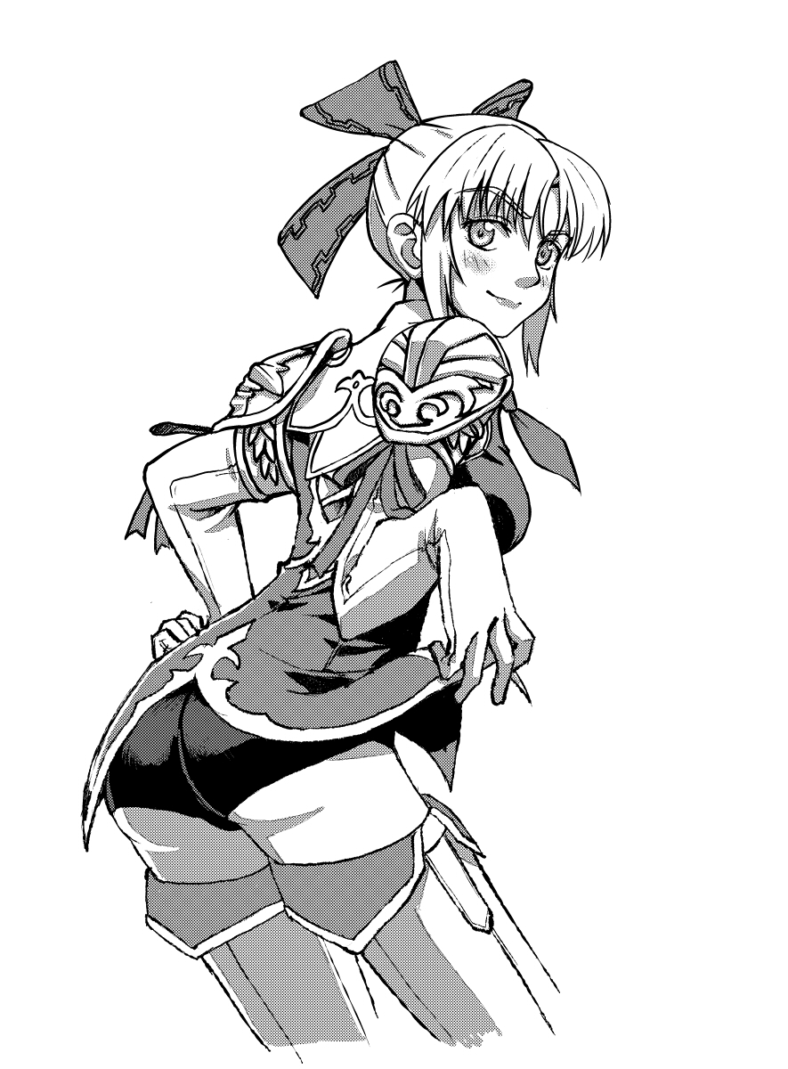 yamazaki masakazu, cassandra alexandra, soul calibur, soulcalibur, soulcalibur iv, highres, 1girl, ass, blush, boots, elbow gloves, female focus, gloves, greyscale, looking back, monochrome, ribbon, short hair, smile, solo, thigh boots, thighhighs