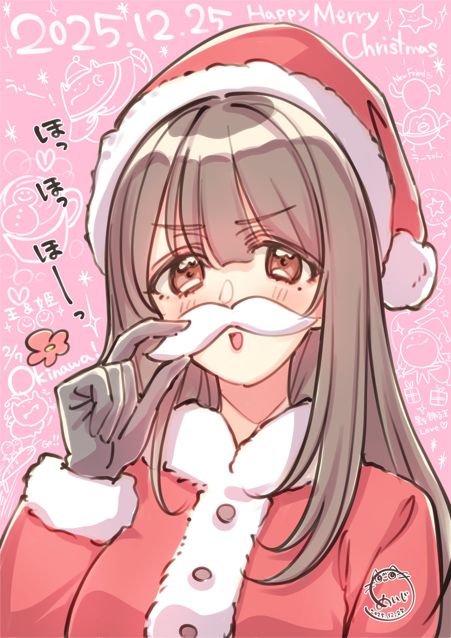 meiji (mosamoo3), hanamiya nina, real life, commentary request, highres, 1girl, 217find!, animification, artist name, black gloves, dated, doodle background, fake facial hair, fake mustache, fur-trimmed headwear, fur-trimmed jacket, fur trim, gloves, hanamiya nina (style), hat, jacket, long sleeves, looking at viewer, merry christmas, mole, mole under eye, pink background, red hat, red jacket, santa costume, santa hat, signature, solo, upper body, voice actor