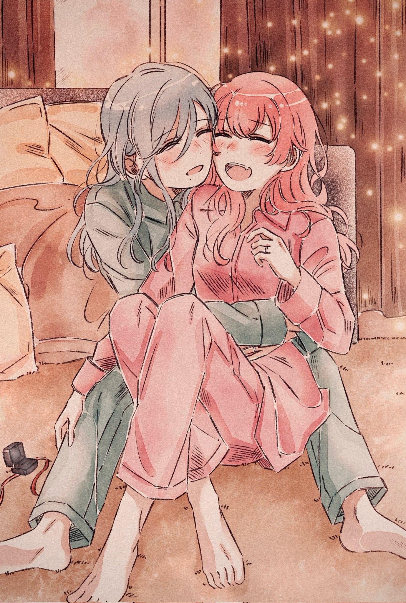 6ccb20, hinomori shizuku, momoi airi, project sekai, commentary request, highres, 2girls, barefoot, blue hair, blush, cheek-to-cheek, closed eyes, fang, green pants, green shirt, heads together, hug, indoors, jewelry, long hair, mole, mole under mouth, multiple girls, open mouth, pajamas, pants, pink hair, pink pants, pink shirt, ring, shirt, smile, toes, wedding ring, yuri