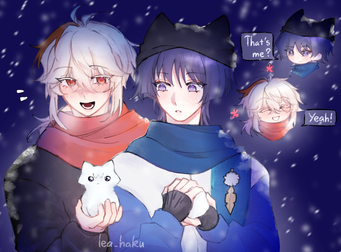 kaedehara kazuha, scaramouche (genshin impact), genshin impact, commentary, symbol-only commentary, 2boys, animal hat, blue scarf, cat hat, fingerless gloves, gloves, hat, holding, holding snowball, holding snowman, lea haku, looking at another, lower teeth only, multicolored hair, multiple boys, open mouth, purple eyes, purple hair, red eyes, red hair, red scarf, scarf, snow on head, snowball, snowing, speech bubble, streaked hair, teeth, watermark, white hair