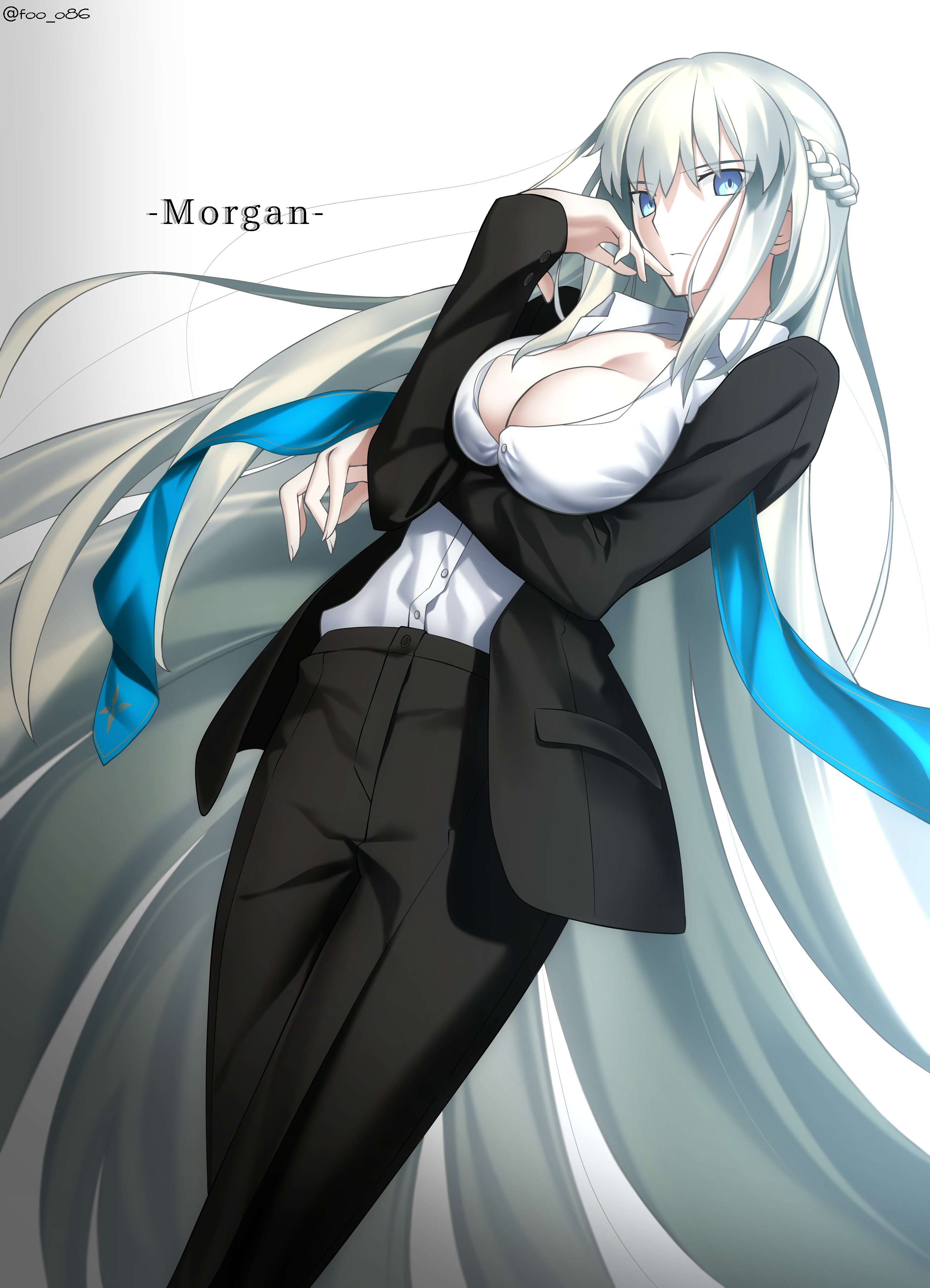 foo (pixiv54892036), morgan le fay (fate), fate/grand order, fate (series), absurdres, commentary request, highres, 1girl, black bow, blue eyes, blush, bow, braid, breasts, business suit, cleavage, cowboy shot, formal clothes, grey hair, half up braid, long hair, looking at viewer, mature female, office lady, parody, solo, style parody, suit, takeuchi takashi (style), very long hair