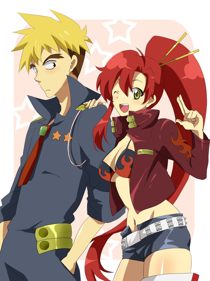 kuroki natsu, natsu (pixiv466254), kittan bachika, yoko littner, tengen toppa gurren lagann, bad id, bad pixiv id, 00s, 1boy, 1girl, belt, bikini, bikini top only, blonde hair, breasts, chopsticks, cleavage, medium breasts, one eye closed, ponytail, red hair, short shorts, shorts, swimsuit, wink, yellow eyes