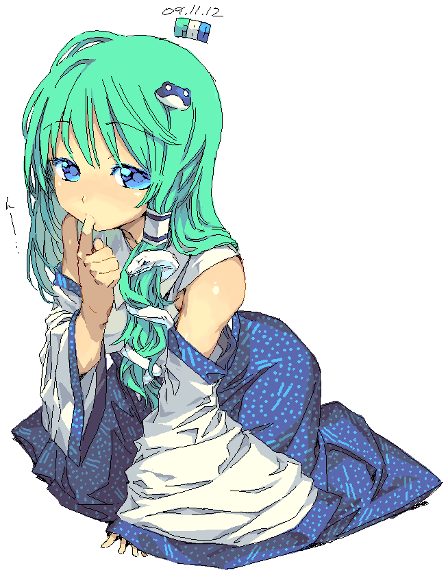 fbc, kochiya sanae, touhou, 1girl, blue eyes, blush, detached sleeves, female focus, finger in own mouth, finger sucking, frog, green hair, hair ornament, oekaki, simple background, snake, solo, white background