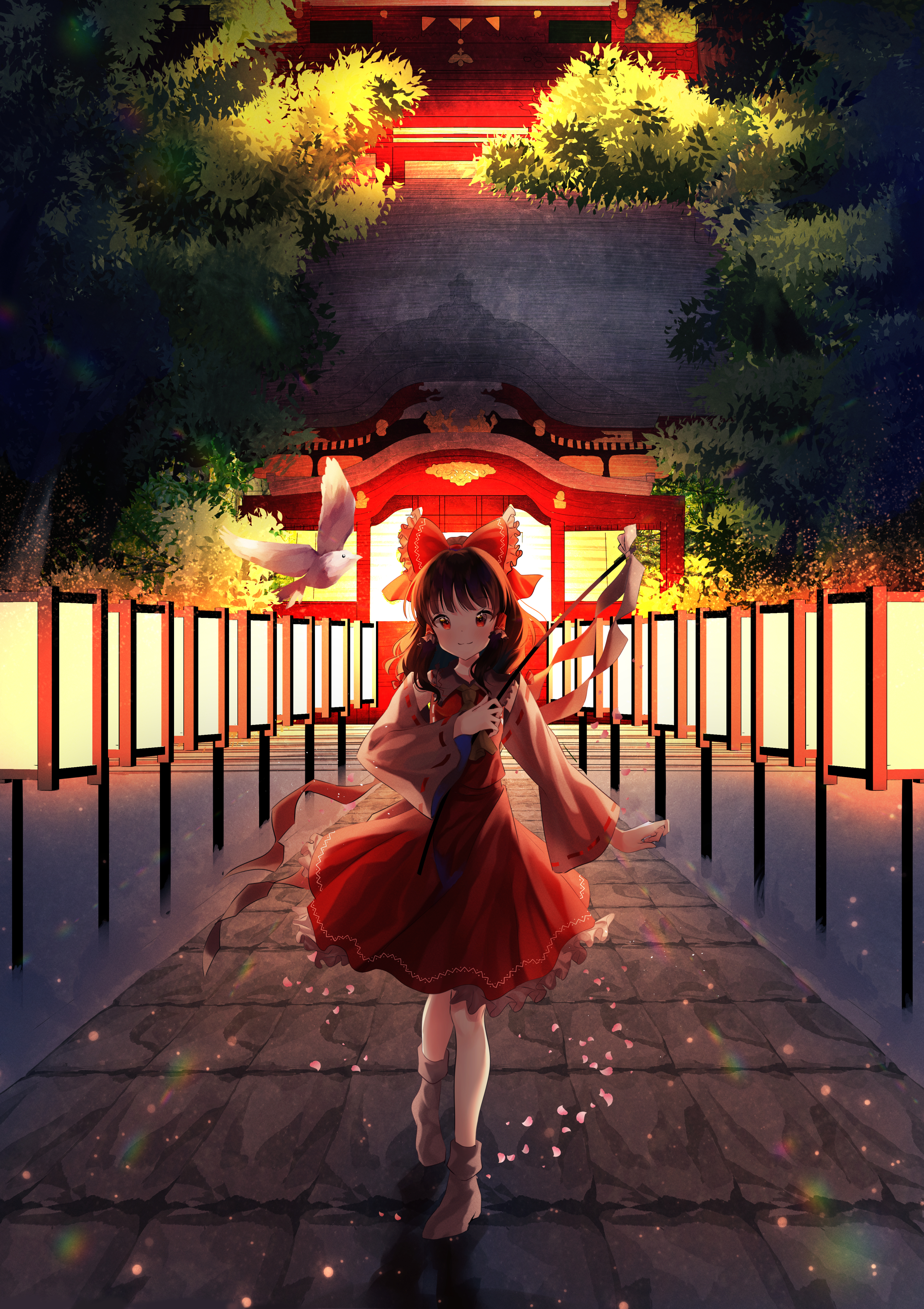 nettian51, hakurei reimu, touhou, absurdres, commentary, highres, 1girl, ascot, black hair, blush, bow, closed mouth, collared shirt, detached sleeves, frilled bow, frilled shirt collar, frills, gohei, hair bow, holding, holding gohei, medium hair, no shoes, pavement, petals, red bow, red eyes, red shirt, red skirt, ribbon-trimmed collar, ribbon-trimmed skirt, ribbon-trimmed sleeves, ribbon trim, shirt, shrine, skirt, smile, socks, solo, tree, walking, white sleeves, white socks, yellow ascot